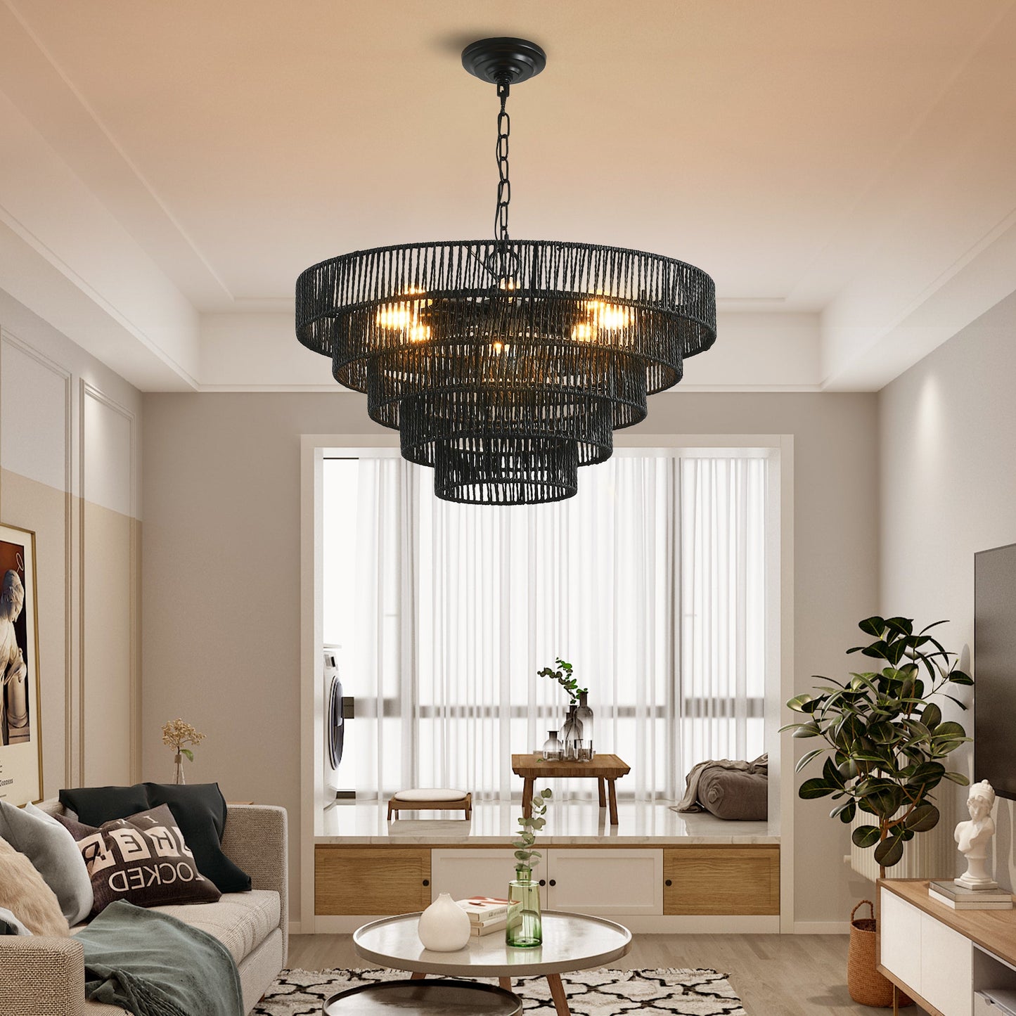 24" Rustic 5-Tier Black Hemp Rope Pendant Light