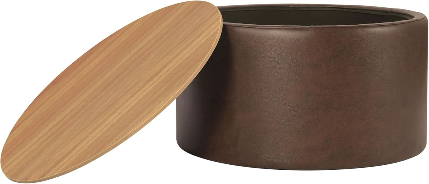 Upholstered Brown Wood Top Storage Ottoman