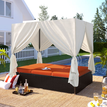 Outdoor Double Chaise Lounge Daybed with Curtains
