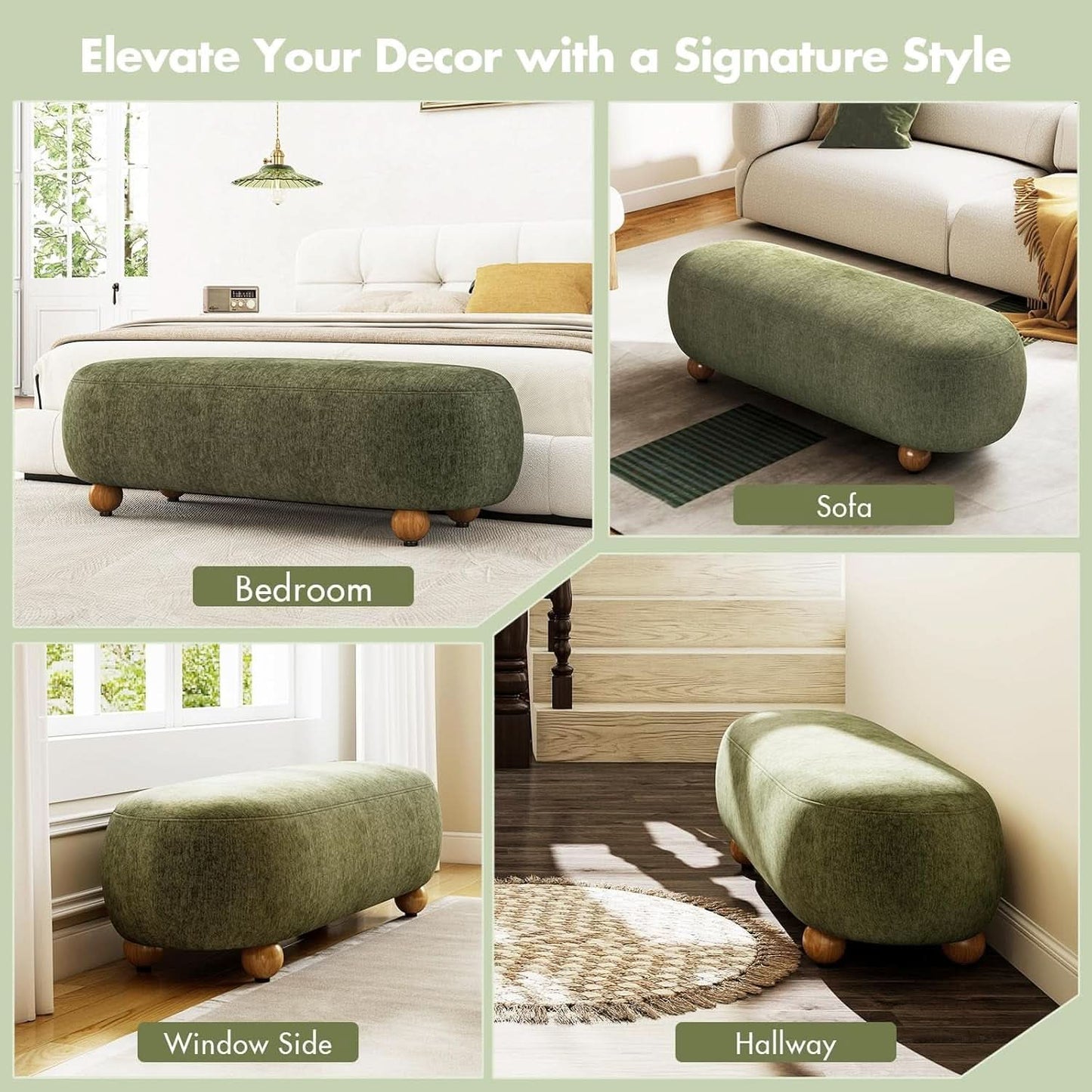 Green Velvet Bench Cushioned Seat