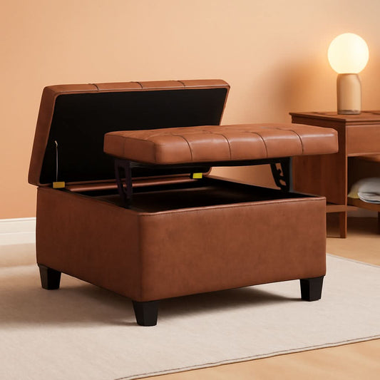Storage Ottoman Distressed Saddle Brown Leatherette