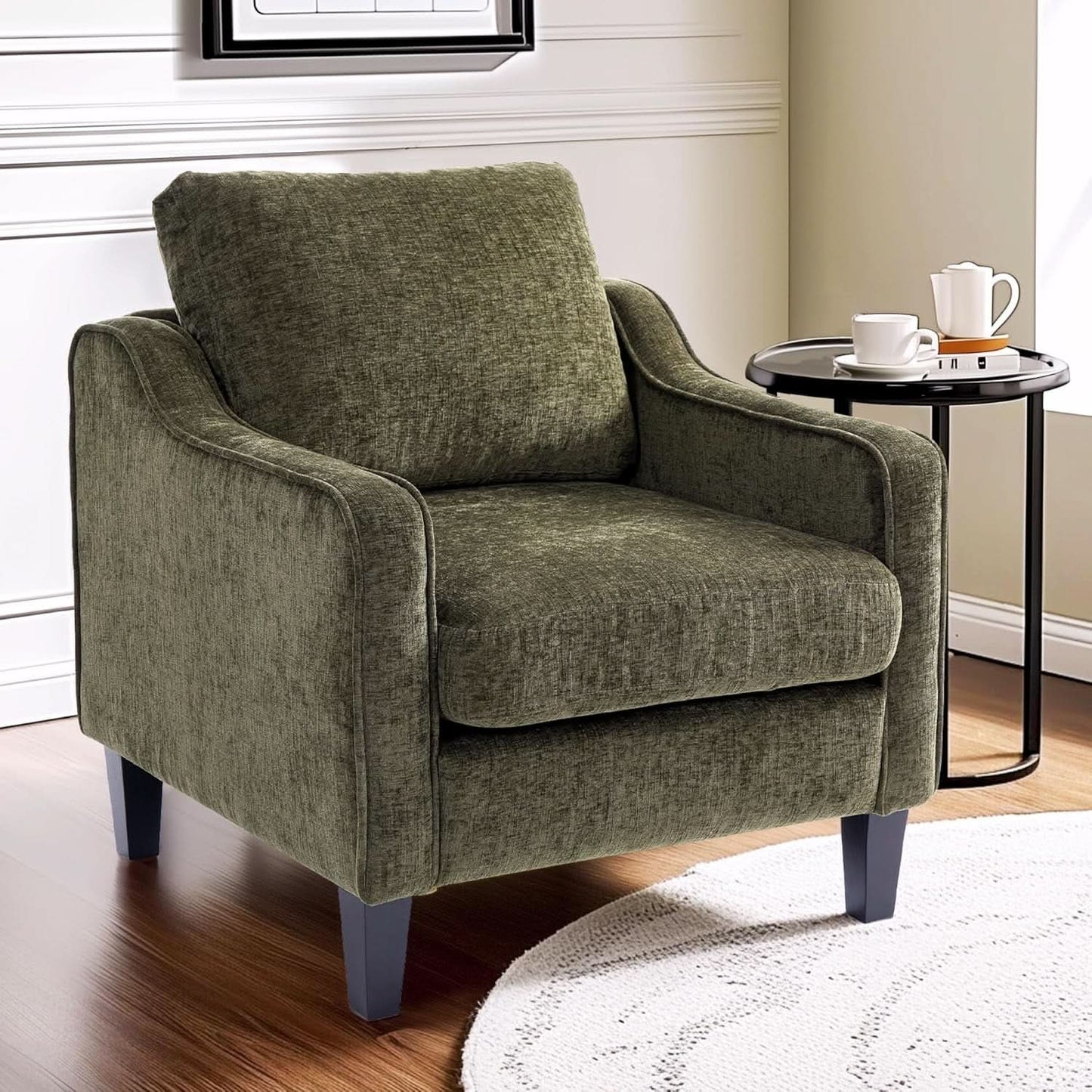 Green Chenille Accent Chair Midcentury Modern Upholstered