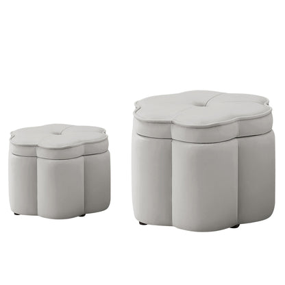 Set of 2 Flower Shape Petal Velvet Storage Ottoman with Storage, Gray