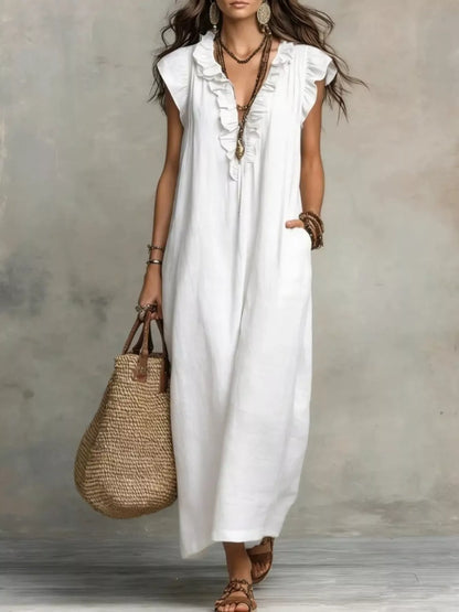 Ruffled V-Neck Cap Sleeve Maxi Dress