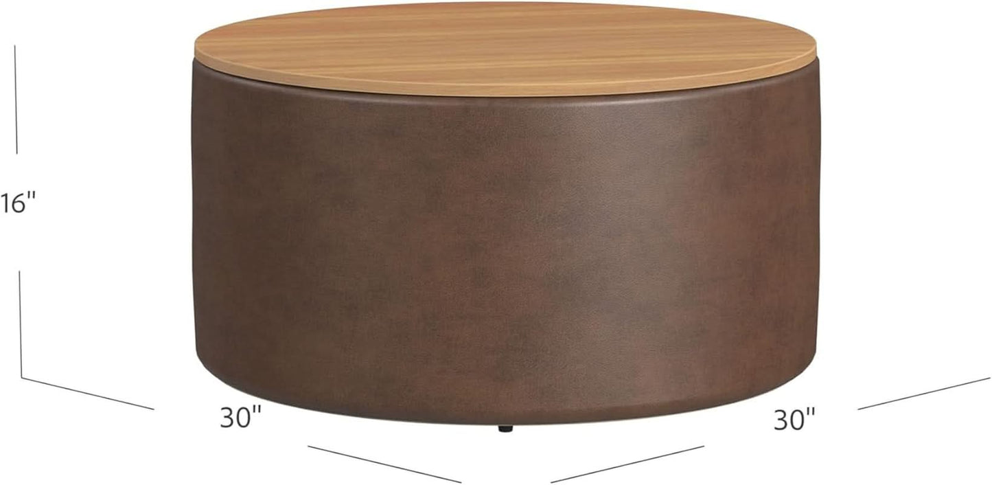 Upholstered Brown Wood Top Storage Ottoman
