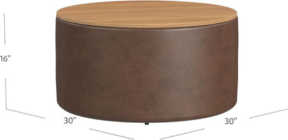 Upholstered Brown Wood Top Storage Ottoman