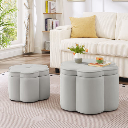Set of 2 Flower Shape Petal Velvet Storage Ottoman with Storage, Gray