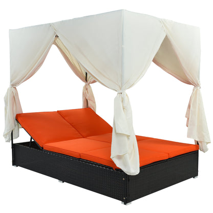 Outdoor Double Chaise Lounge Daybed with Curtains
