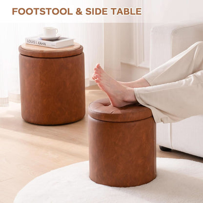 Dark Brown Faux Leather Round Storage Ottoman