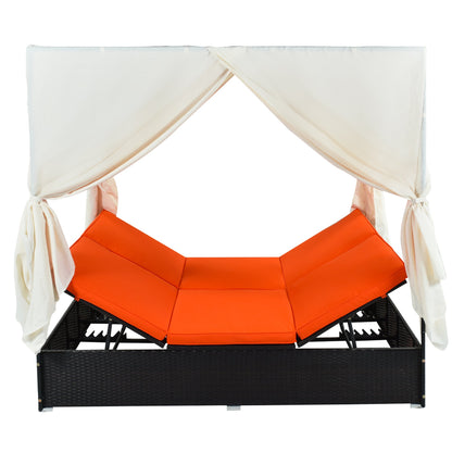 Outdoor Double Chaise Lounge Daybed with Curtains