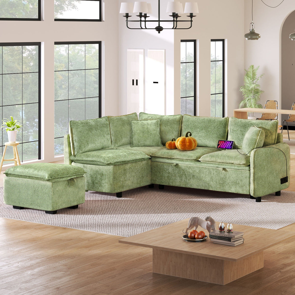 Convertible Sofa Bed Sectional Sofa Sleeper L-Shaped Sofa With A Storage Ottoman, Two Pillows, Two Power Sockets And Two USB Ports For Living Room - Marijuana Mama