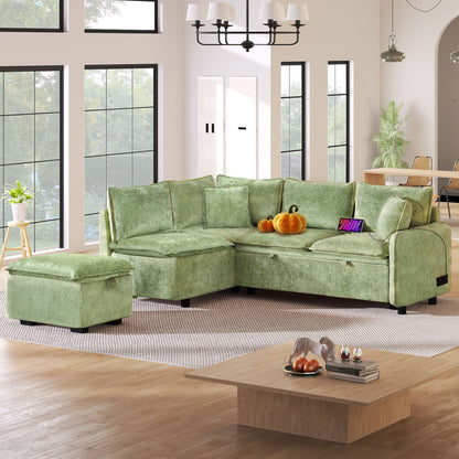 Convertible Sofa Bed Sectional Sofa Sleeper L-Shaped Sofa With A Storage Ottoman, Two Pillows, Two Power Sockets And Two USB Ports For Living Room - Marijuana Mama