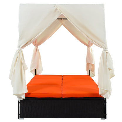 Outdoor Double Chaise Lounge Daybed with Curtains