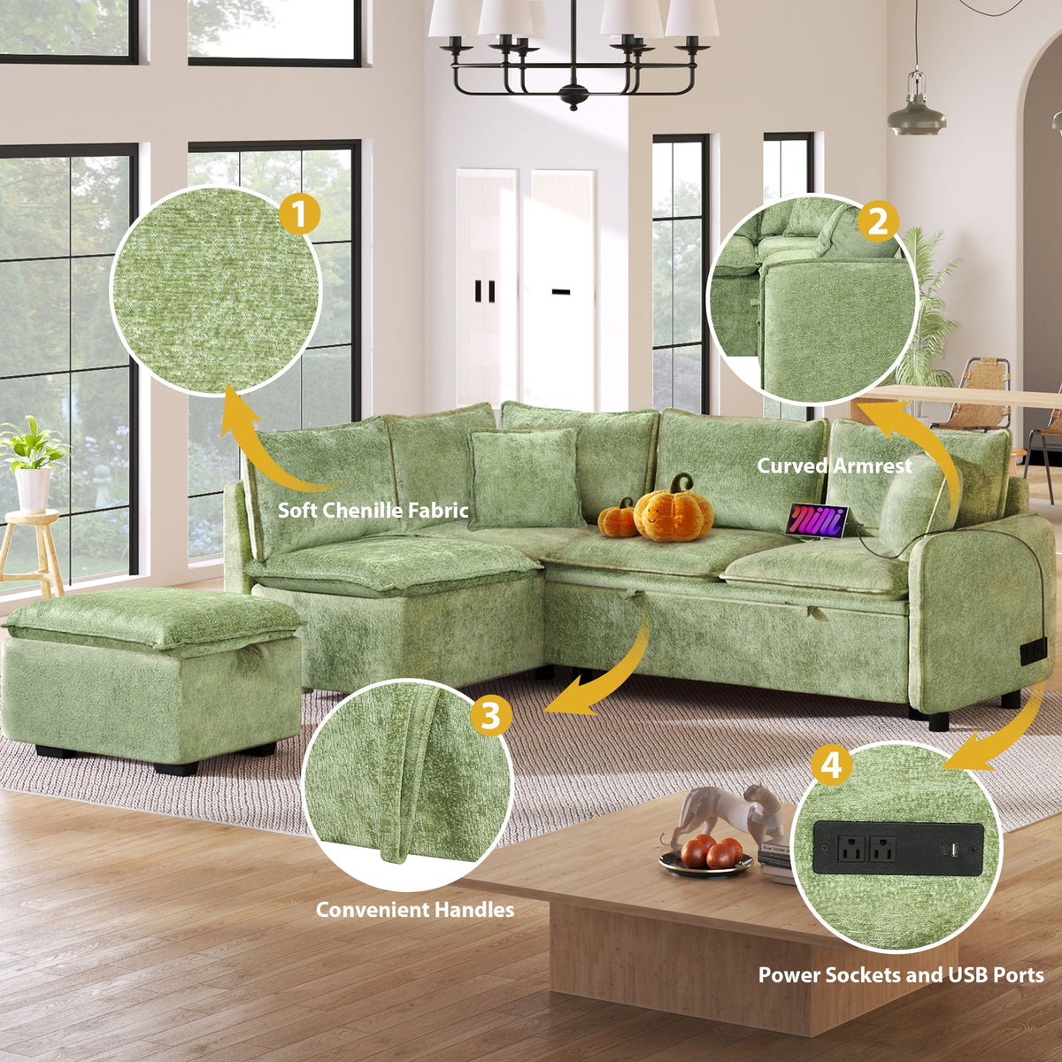 Convertible Sofa Bed Sectional Sofa Sleeper L-Shaped Sofa With A Storage Ottoman, Two Pillows, Two Power Sockets And Two USB Ports For Living Room - Marijuana Mama