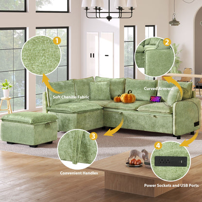 Convertible Sofa Bed Sectional Sofa Sleeper L-Shaped Sofa With A Storage Ottoman, Two Pillows, Two Power Sockets And Two USB Ports For Living Room - Marijuana Mama