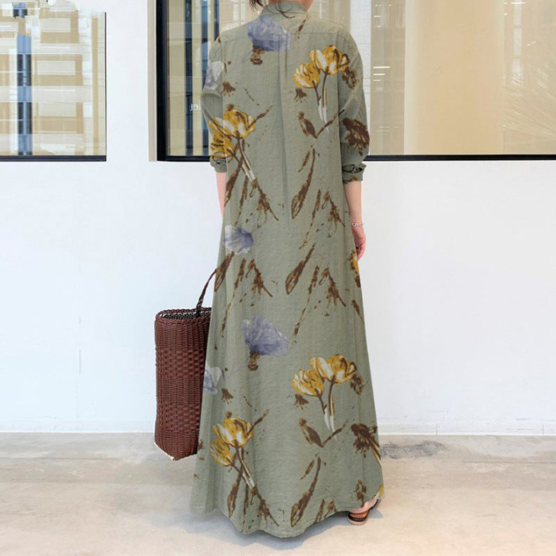 Cotton & Hemp Color Lapel Pocket Simple Loose Casual Long Dress - Marijuana Mama