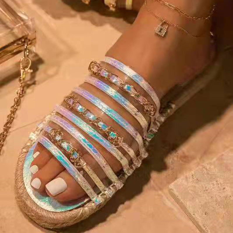 New Hemp Rope Thick Bottom Sandals With Rhinestones