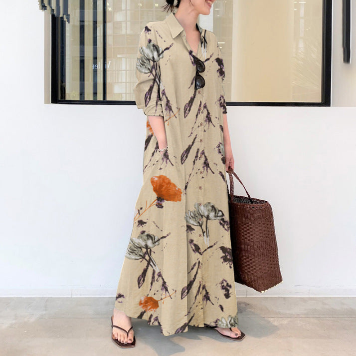 Cotton & Hemp Color Lapel Pocket Simple Loose Casual Long Dress - Marijuana Mama