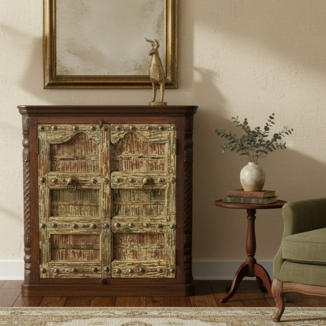 1900s Antique Door Upcycled 50" Tall  Distressed Solid Wood Cabinet