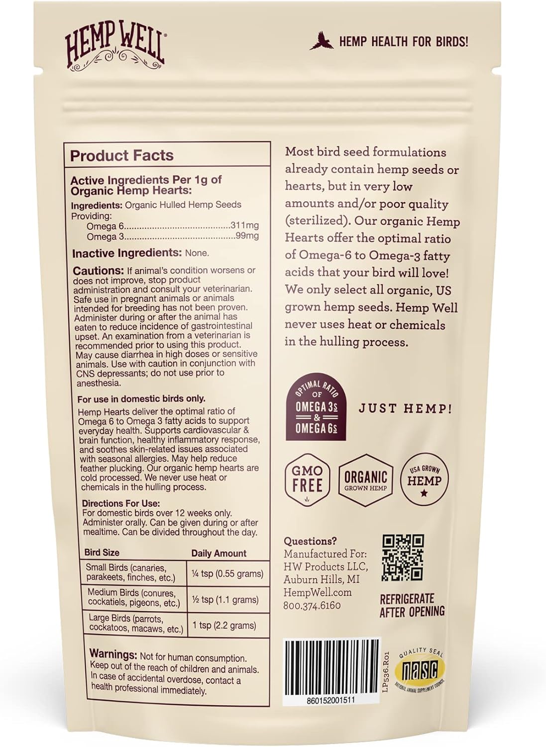 Organic Hemp Hearts for Birds Feather Plucking Support Relaxation - 8oz