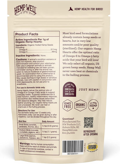 Organic Hemp Hearts for Birds Feather Plucking Support Relaxation - 8oz