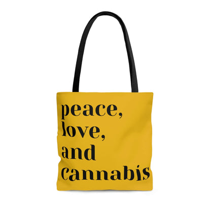 "Peace, Love and Cannabis" Yellow Tote Bag