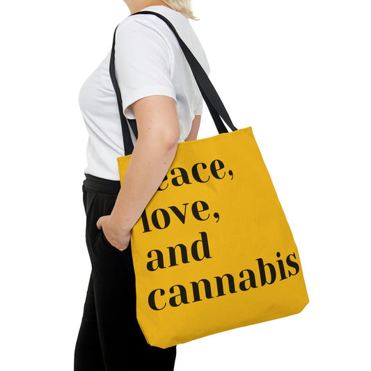 "Peace, Love and Cannabis" Yellow Tote Bag