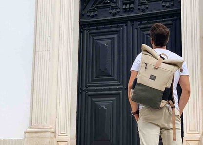 Extra large Hemp Rolltop Backpack in Beige and Green