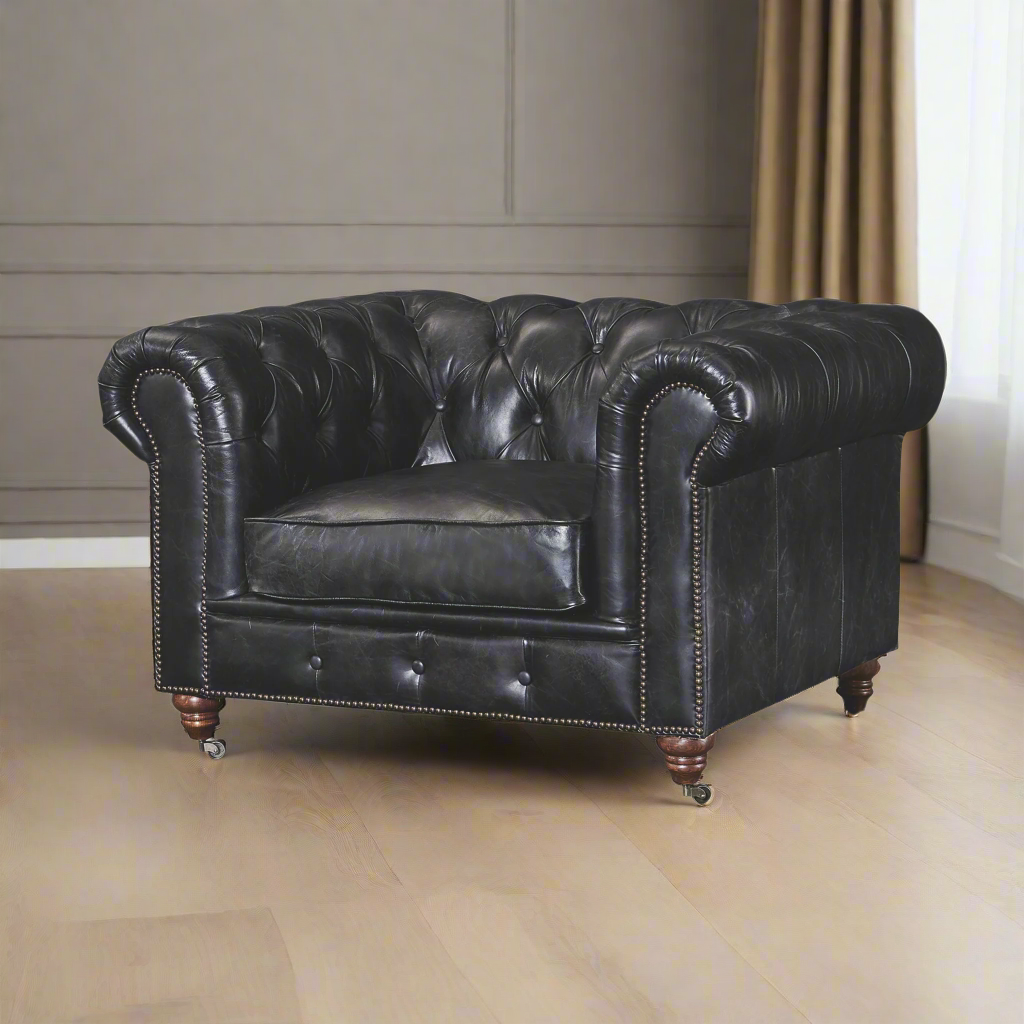 Century Chesterfield Arm Chair - Slate Leather - Marijuana Mama