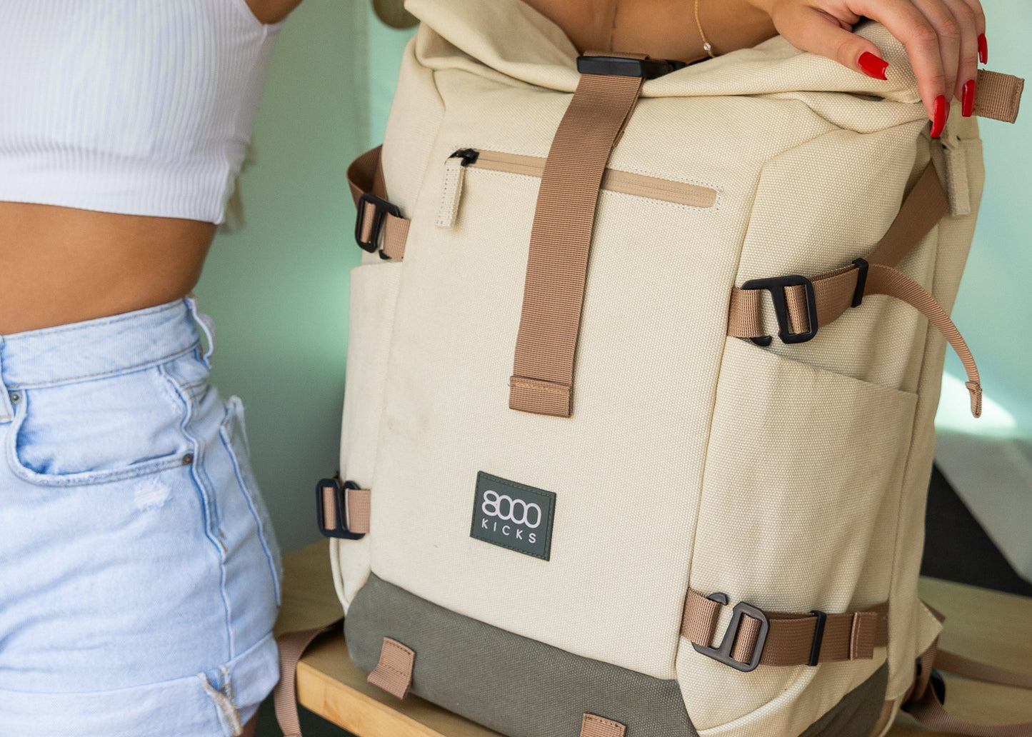 Nomad Hemp Rolltop Backpack in Beige and Green