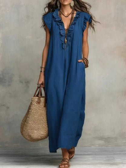 Ruffled V-Neck Cap Sleeve Maxi Dress