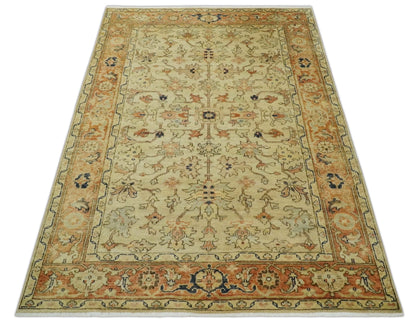 Tabriz 6x8 Hand Knotted Beige & Rust Traditional Wool Rug