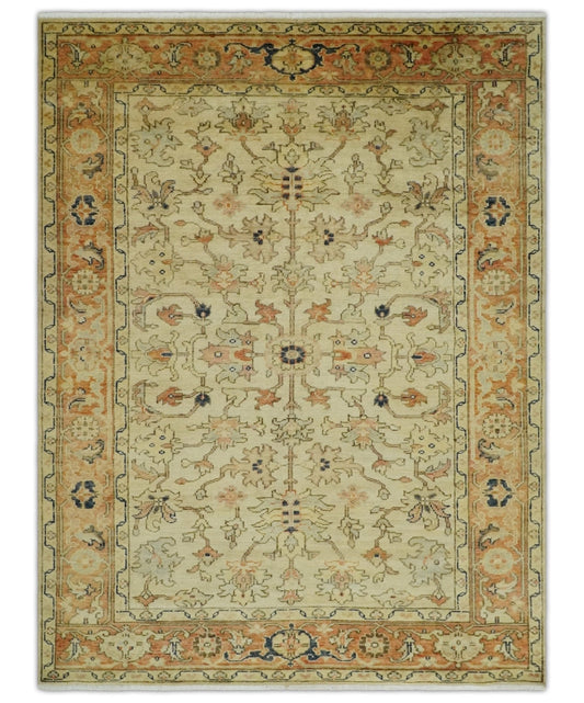 Tabriz 6x8 Hand Knotted Beige & Rust Traditional Wool Rug