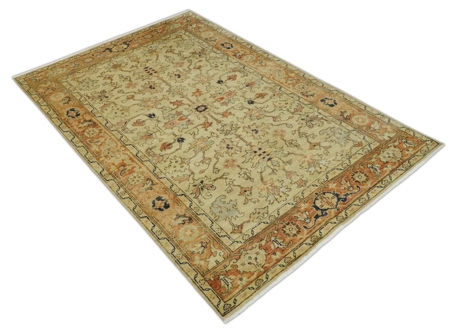 Tabriz 6x8 Hand Knotted Beige & Rust Traditional Wool Rug