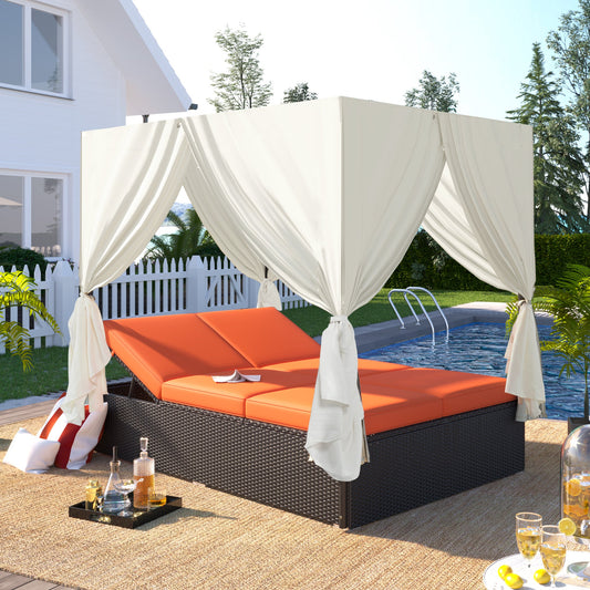 Outdoor Double Chaise Lounge Daybed with Curtains
