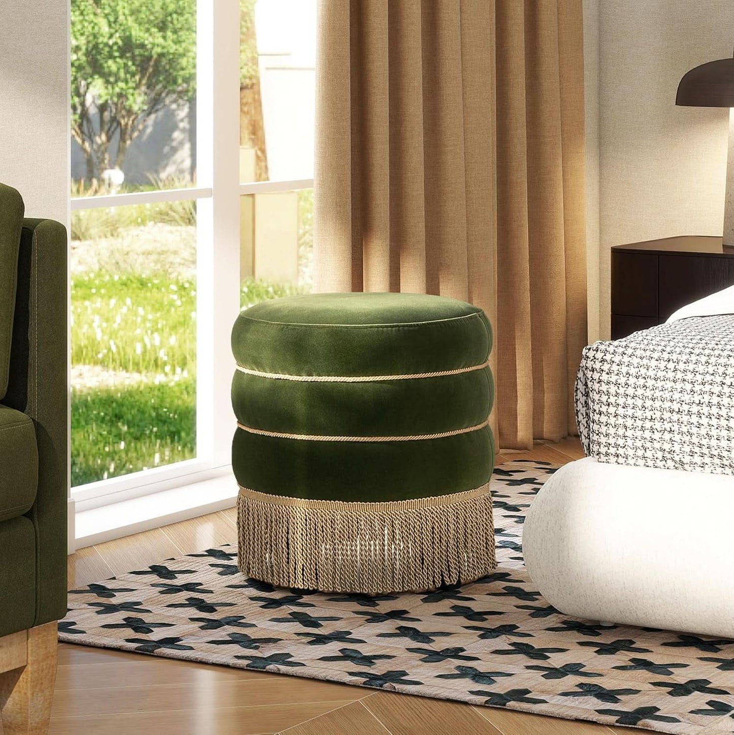 Olive Velvet Round Ottoman With Fringe