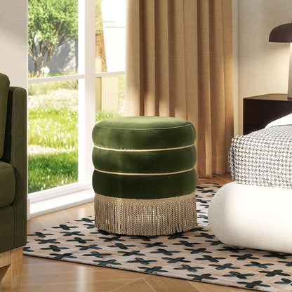Olive Velvet Round Ottoman With Fringe