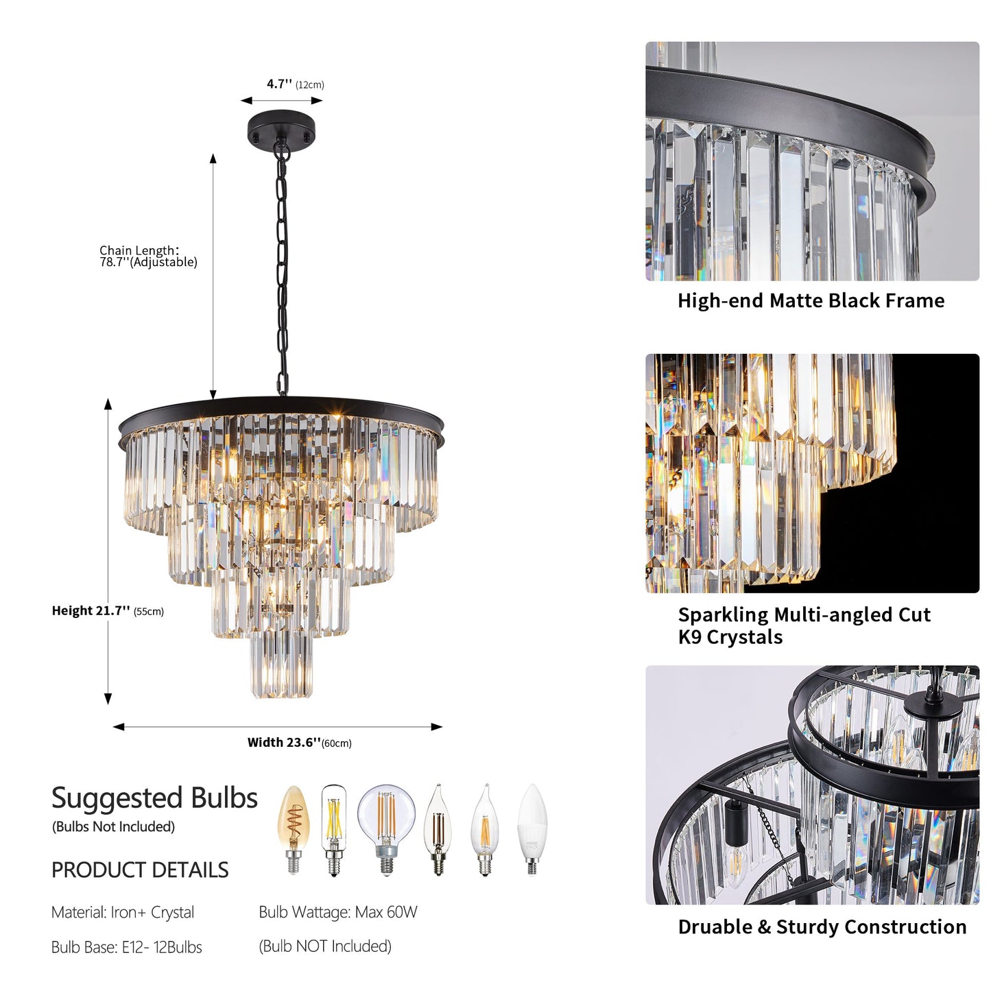 4-Tier Black Crystal  Chandelier