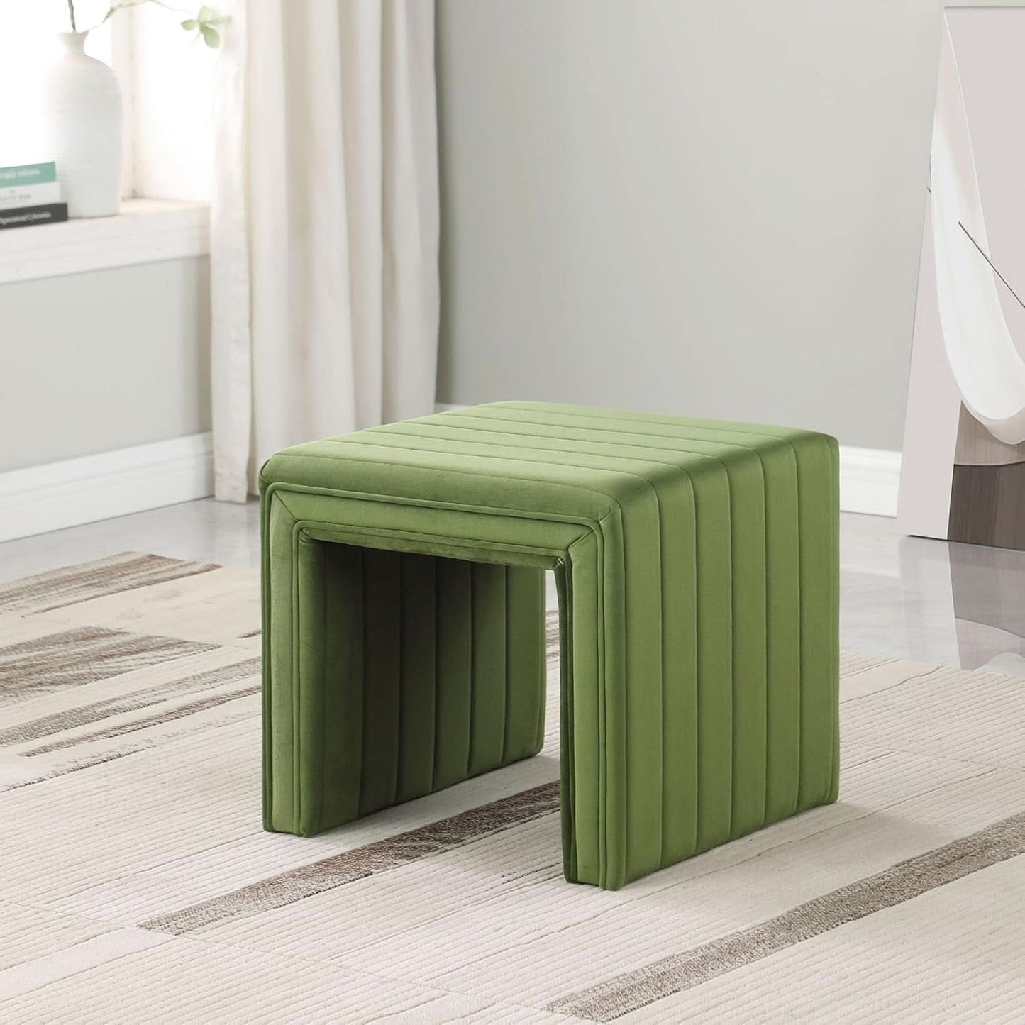 Elegant Green Velvet Tufted Channel Ottoman and Footstool