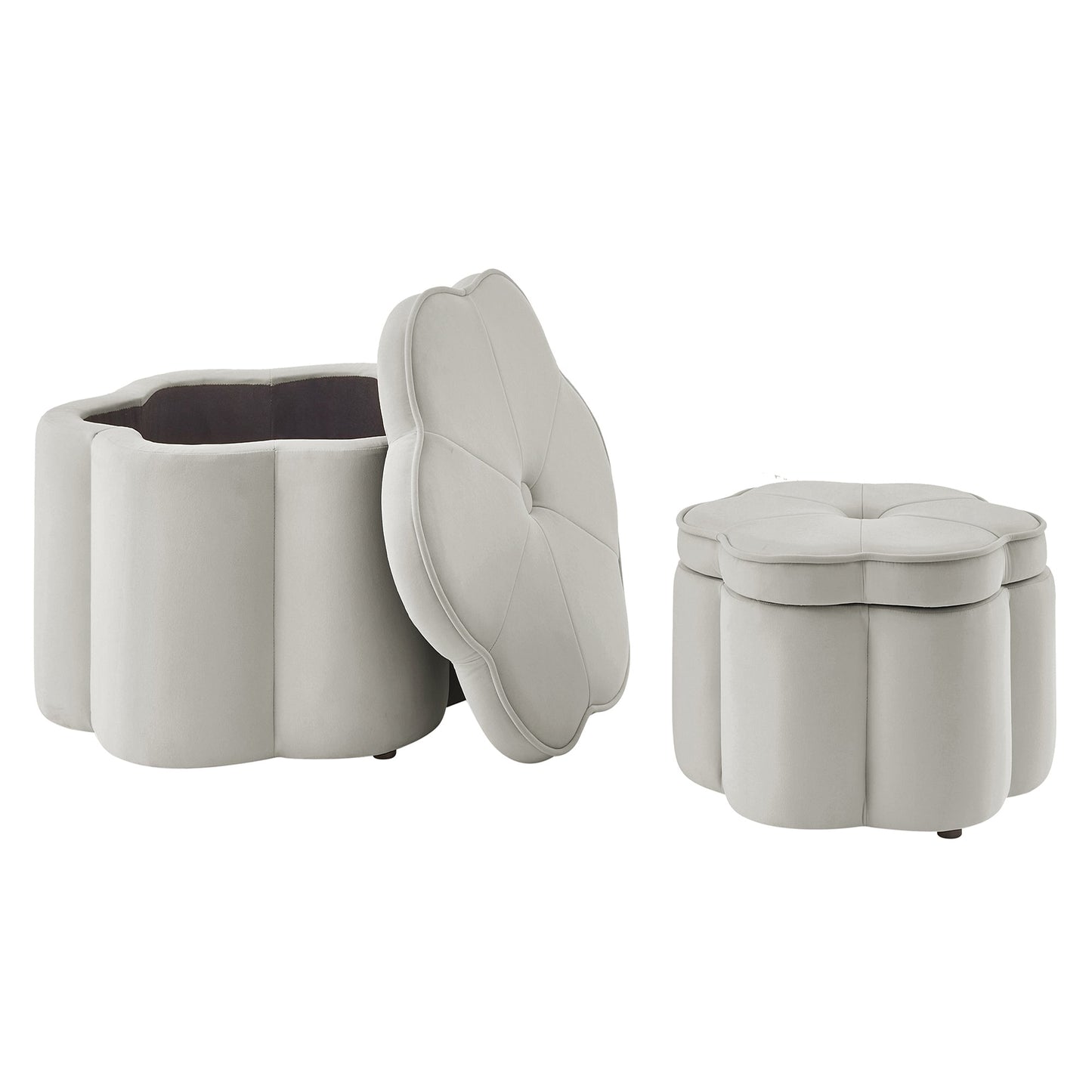Set of 2 Flower Shape Petal Velvet Storage Ottoman with Storage, Gray