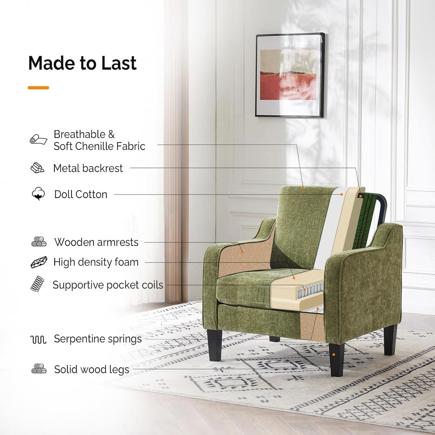 Olive Green Upholstered Midcentury Accent Chair