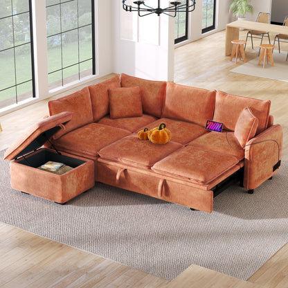 Convertible Sofa Bed Sectional Sofa Sleeper L-Shaped Sofa With A Storage Ottoman, Two Pillows, Two Power Sockets And Two USB Ports For Living Room - Marijuana Mama