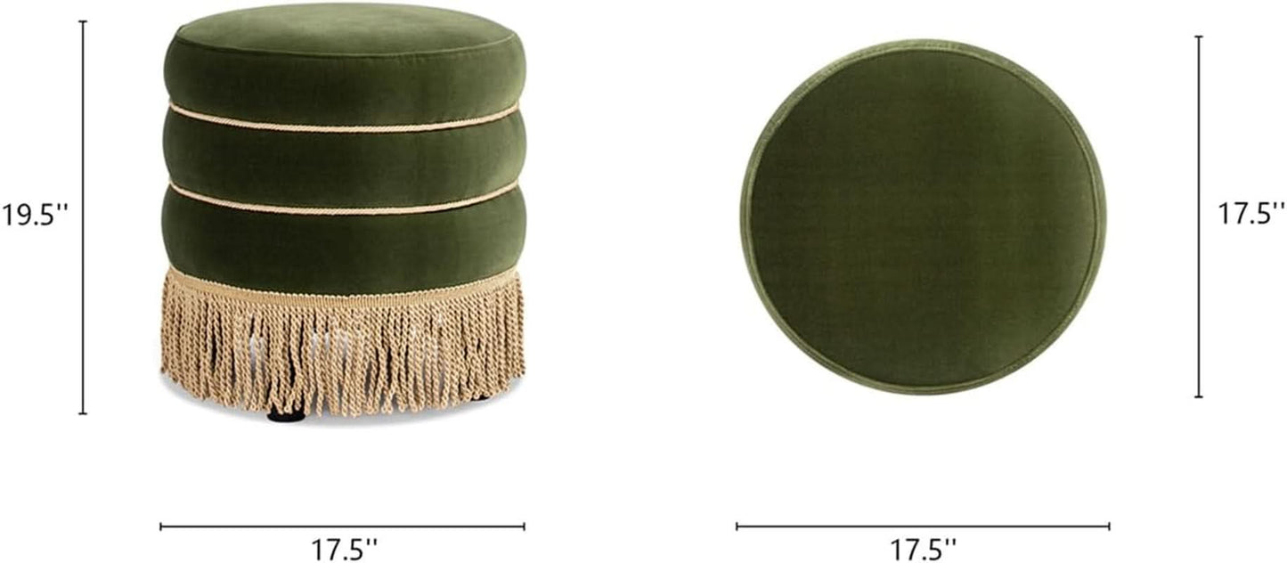 Olive Velvet Round Ottoman With Fringe
