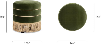 Olive Velvet Round Ottoman With Fringe