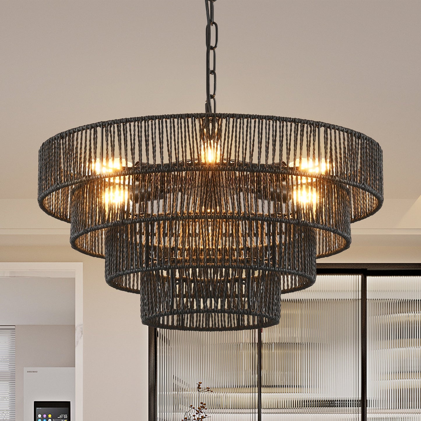 4-Tier Black Hemp Rope Pendant Chandelier