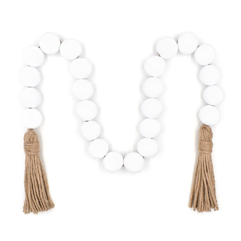 18-bead Large-size Bead Necklace With Hemp Rope Tassels And Wooden Beads