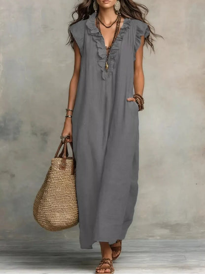 Ruffled V-Neck Cap Sleeve Maxi Dress