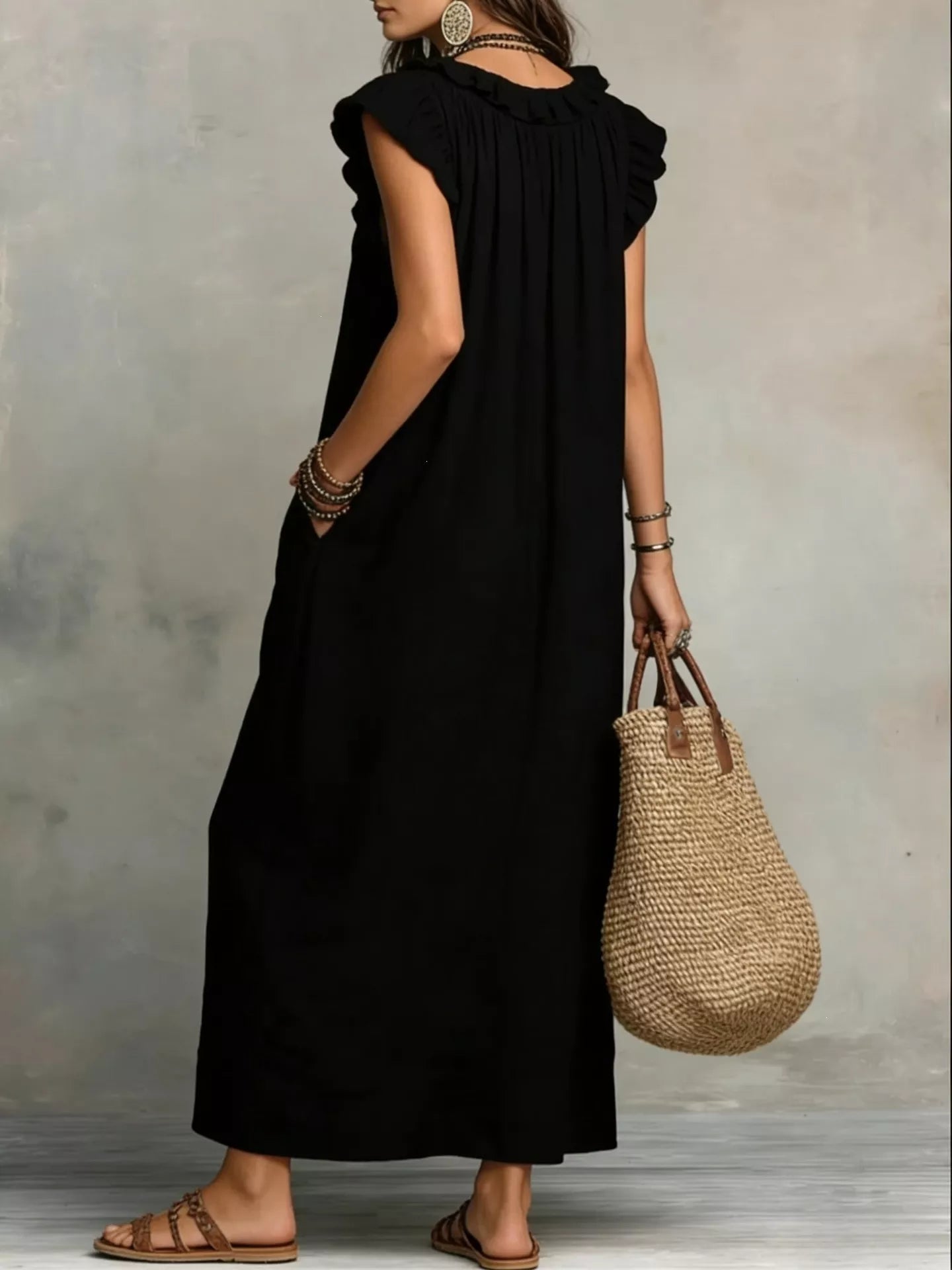 Ruffled V-Neck Cap Sleeve Maxi Dress