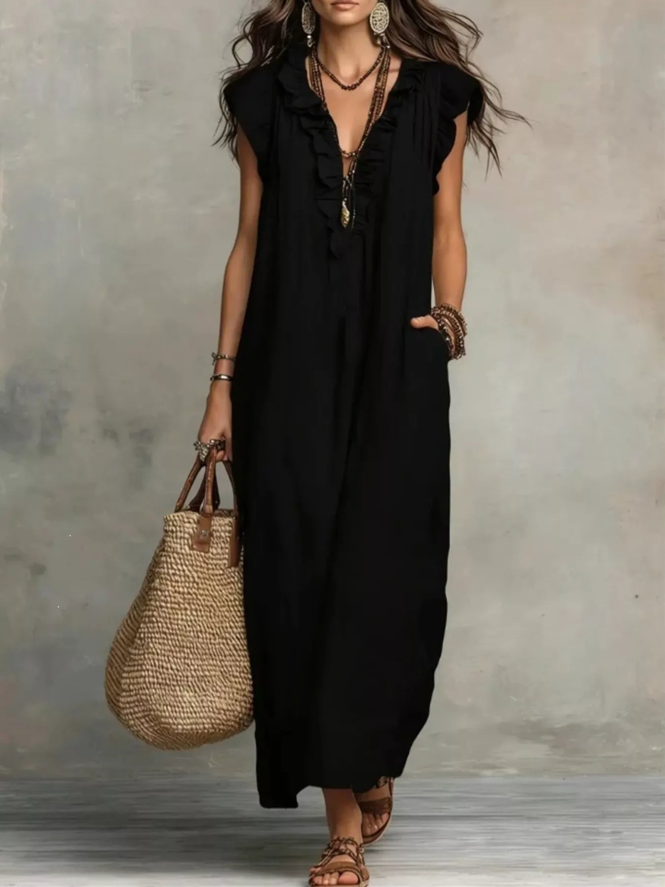 Ruffled V-Neck Cap Sleeve Maxi Dress