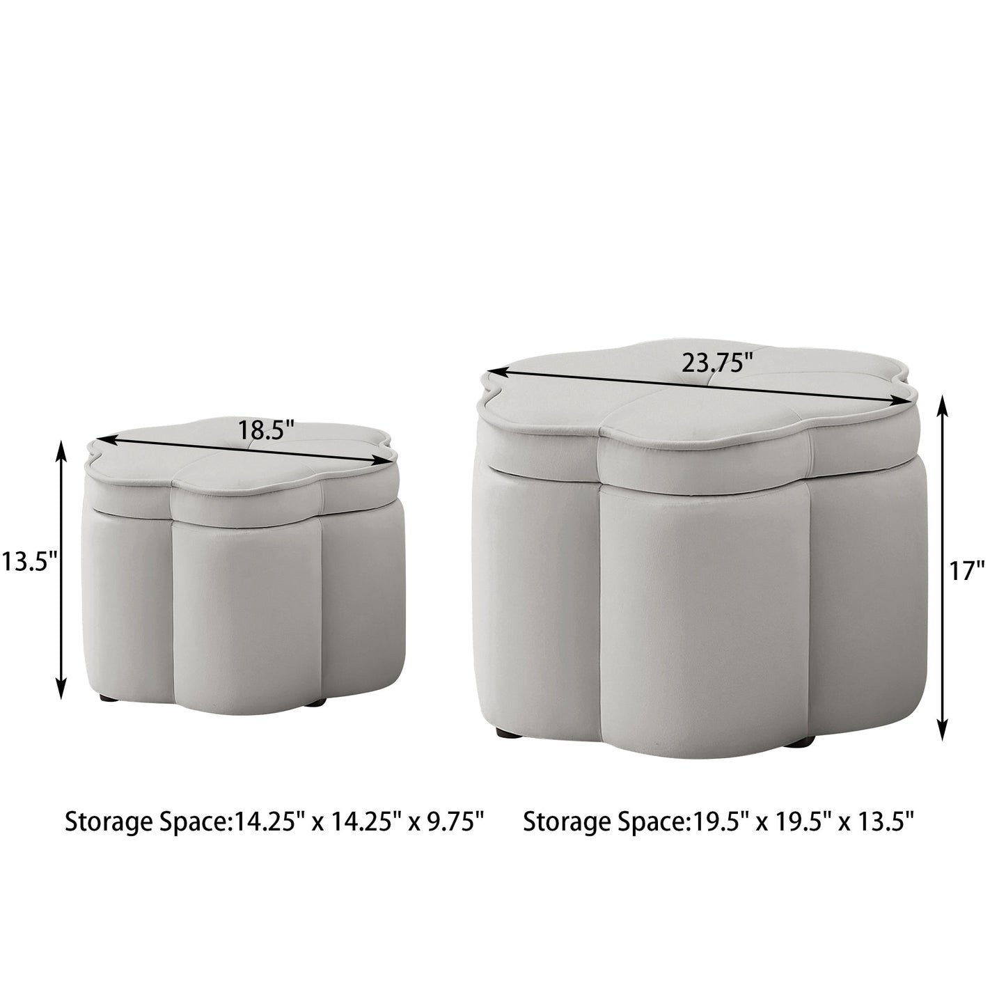 Set of 2 Flower Shape Petal Velvet Storage Ottoman with Storage, Gray